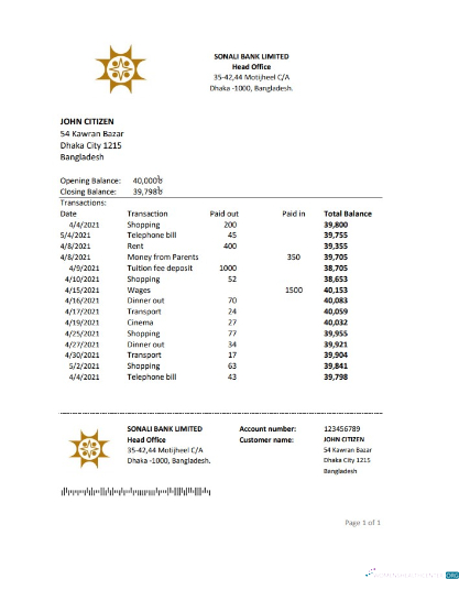 Download Bangladesh Sonali bank statement excel Photoshop template